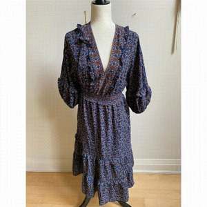 Max Studio BNWOT Women Blue floral tiered midi Dress sz Medium balloon sleeve